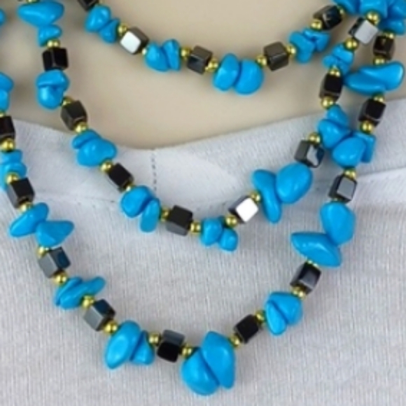 Beachy Boho Black Gold & Turquoise Blue Very Glass/Stone Like Beaded 3 Layer Ne… - Picture 3 of 10